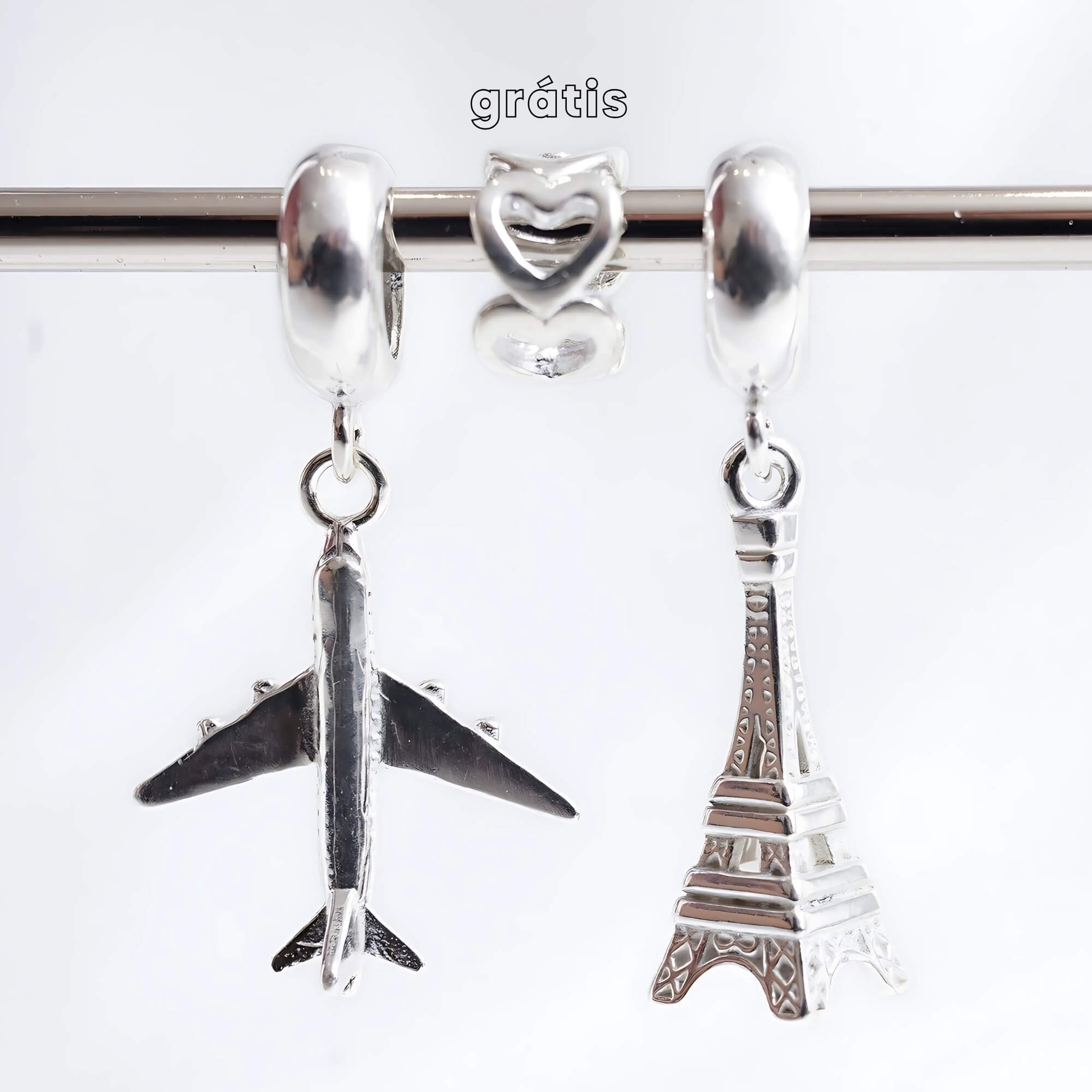 Leve 3 pague 2 - Kit de Berloques em Prata 925 com Avião Pingente, Torre Eiffel e Ganhe Mini Separador Corações