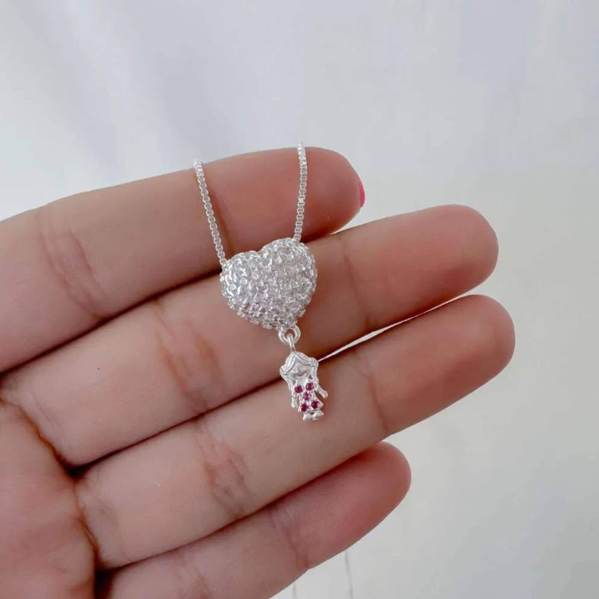 Kit Presente Prata 925 Colar Coração Cravejado com Menina Zircônias Pink