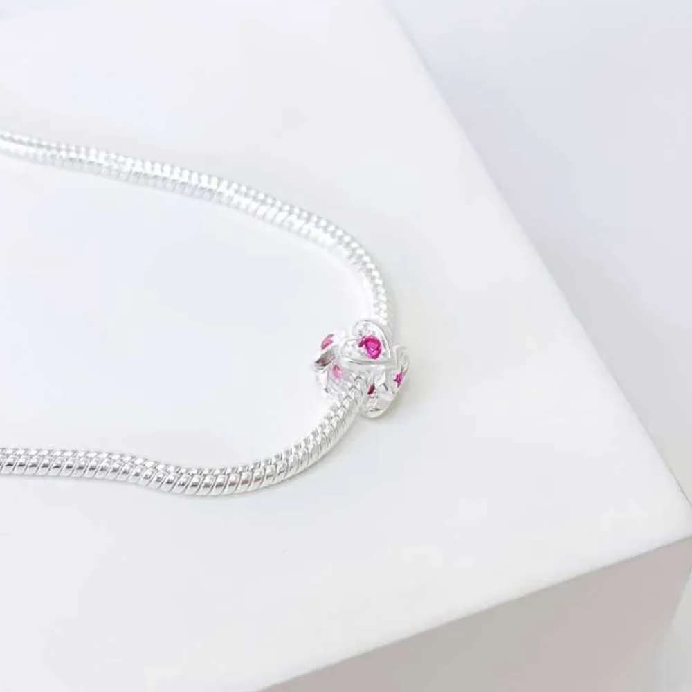 Berloque Mini Separador Corações com Zircônia Rosa Pink Prata 925