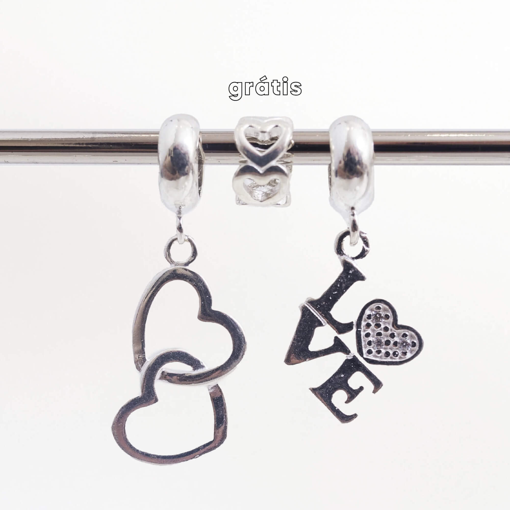 Leve 3 pague 2 - Kit de Berloques em Prata 925 com Corações Entrelaçados, LOVE e Ganhe Mini Separador Corações