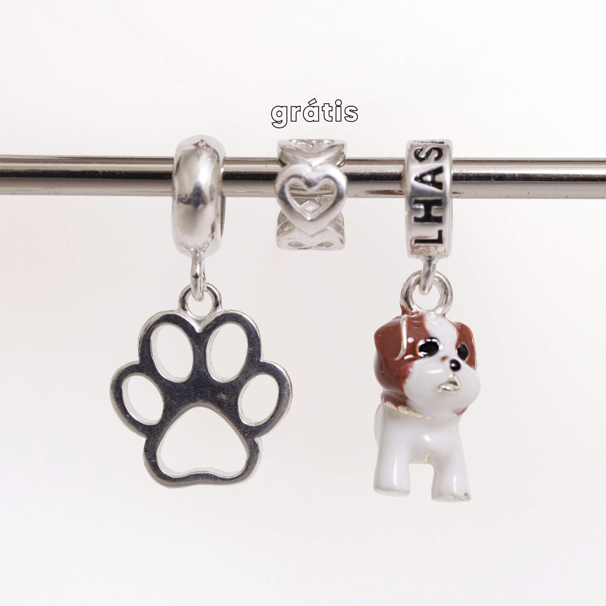 Leve 3 pague 2 - Kit de Berloques Prata 925 com Patinha Vazada, Lhasa Apso Marrom e Ganhe Mini Separador Corações