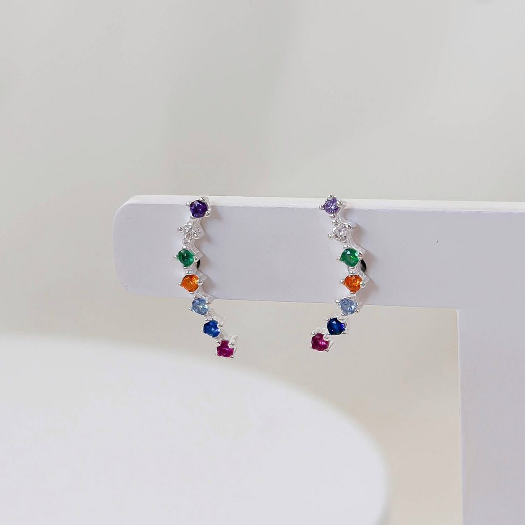 Brinco Ear Cuff Zircônias Coloridas Prata 925