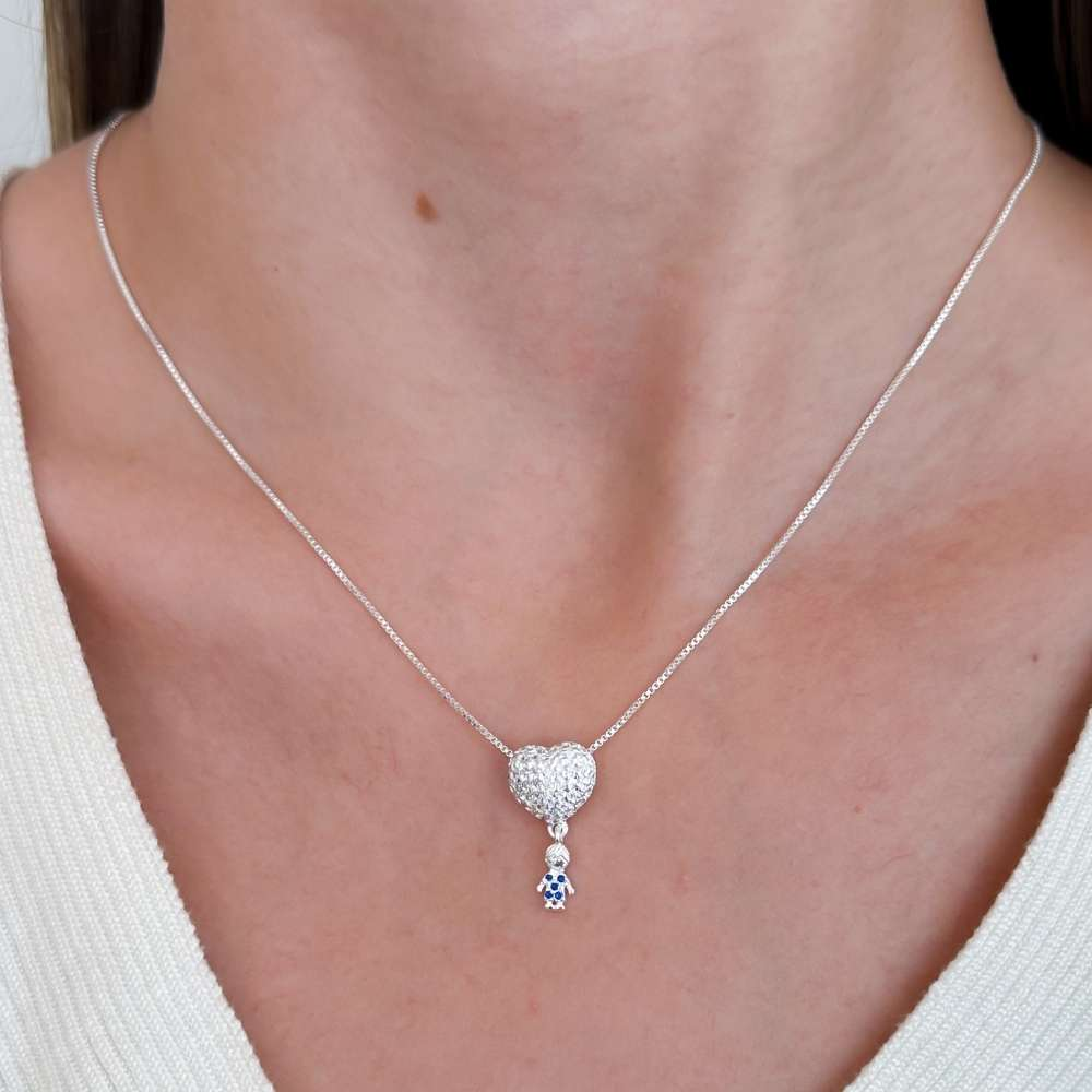 Colar Coração Cravejado com Menino Zircônias Azul Prata 925