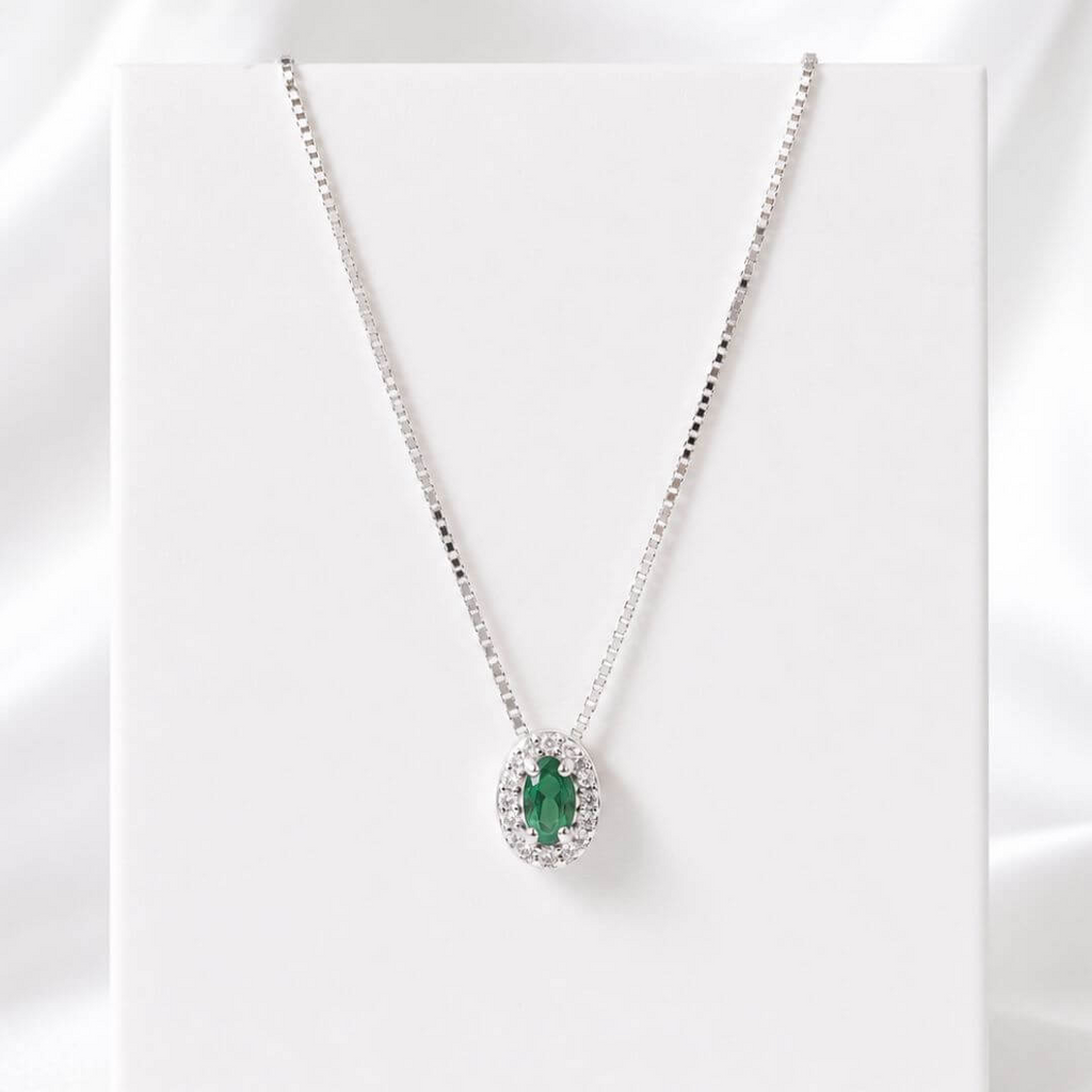 Colar de Prata 925 Verde Esmeralda Com Zircônias Cristais 45 cm