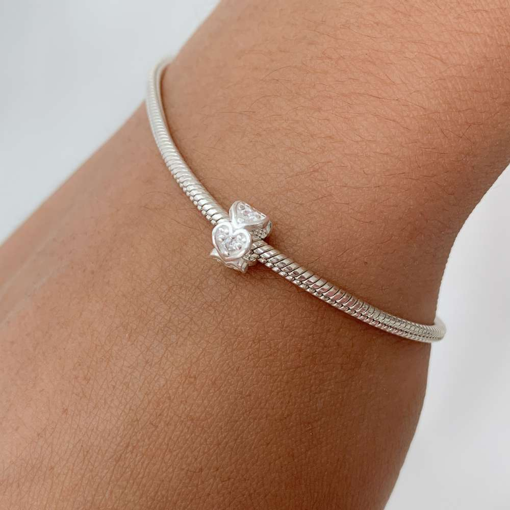Berloque Mini Separador Corações com Zircônia Cristal Prata 925