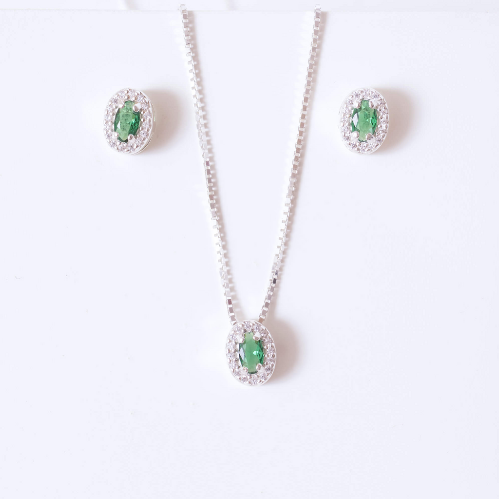 Colar de Prata 925 Verde Esmeralda Com Zircônias Cristais 45 cm