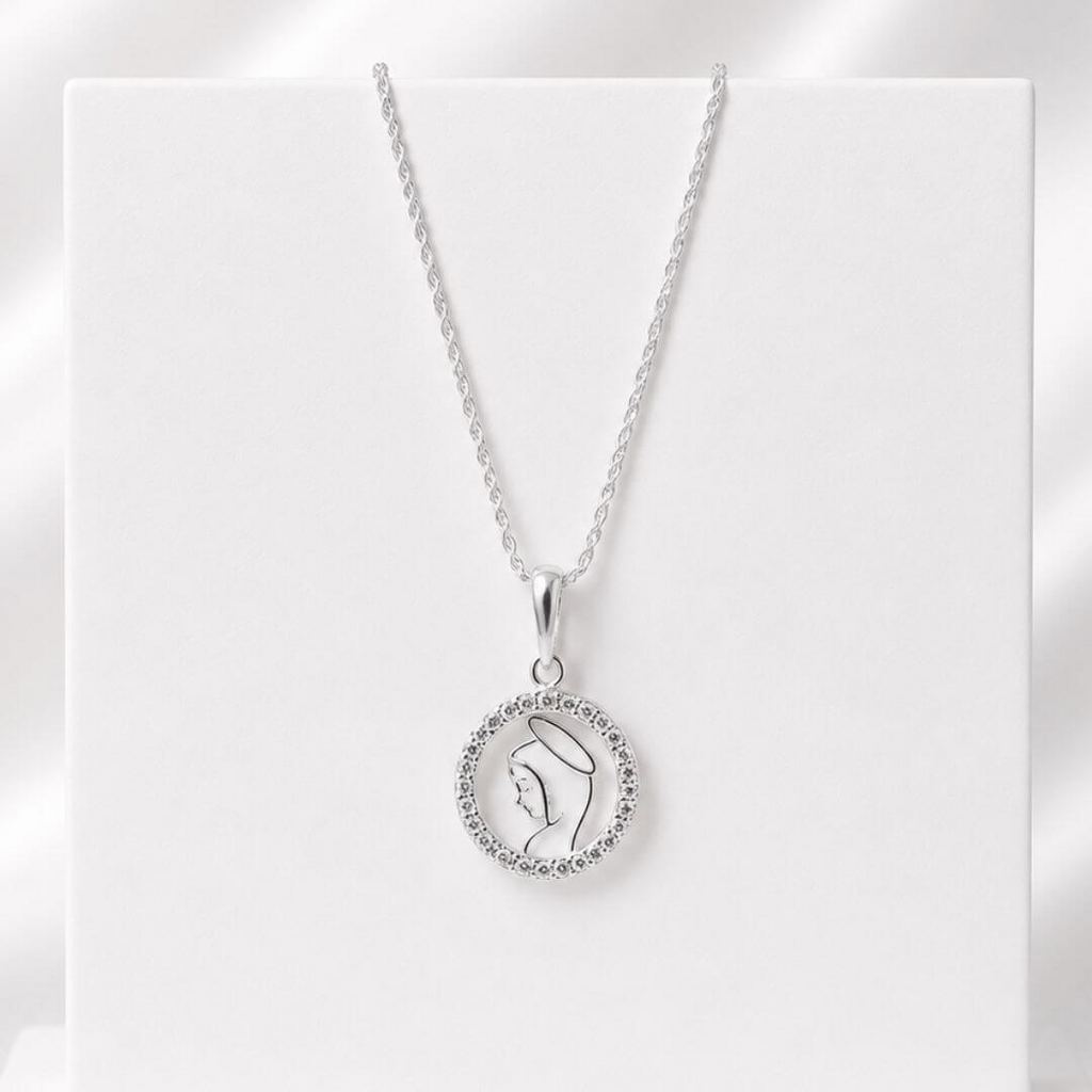 Colar de Prata 925 Cordão Baiano Medalha Nossa Senhora de Fátima Com Zircônias 45 cm