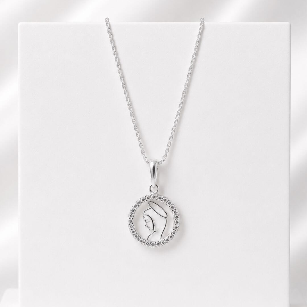 Colar de Prata 925 Cordão Baiano Medalha Nossa Senhora de Fátima Com Zircônias 45 cm