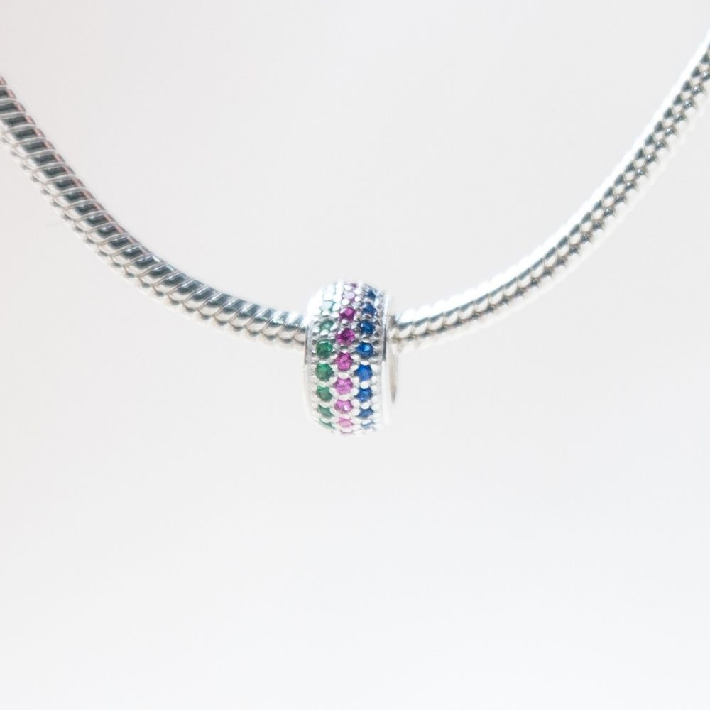Berloque Separador com Zircônias Coloridas Azul Pink e Verde Prata 925