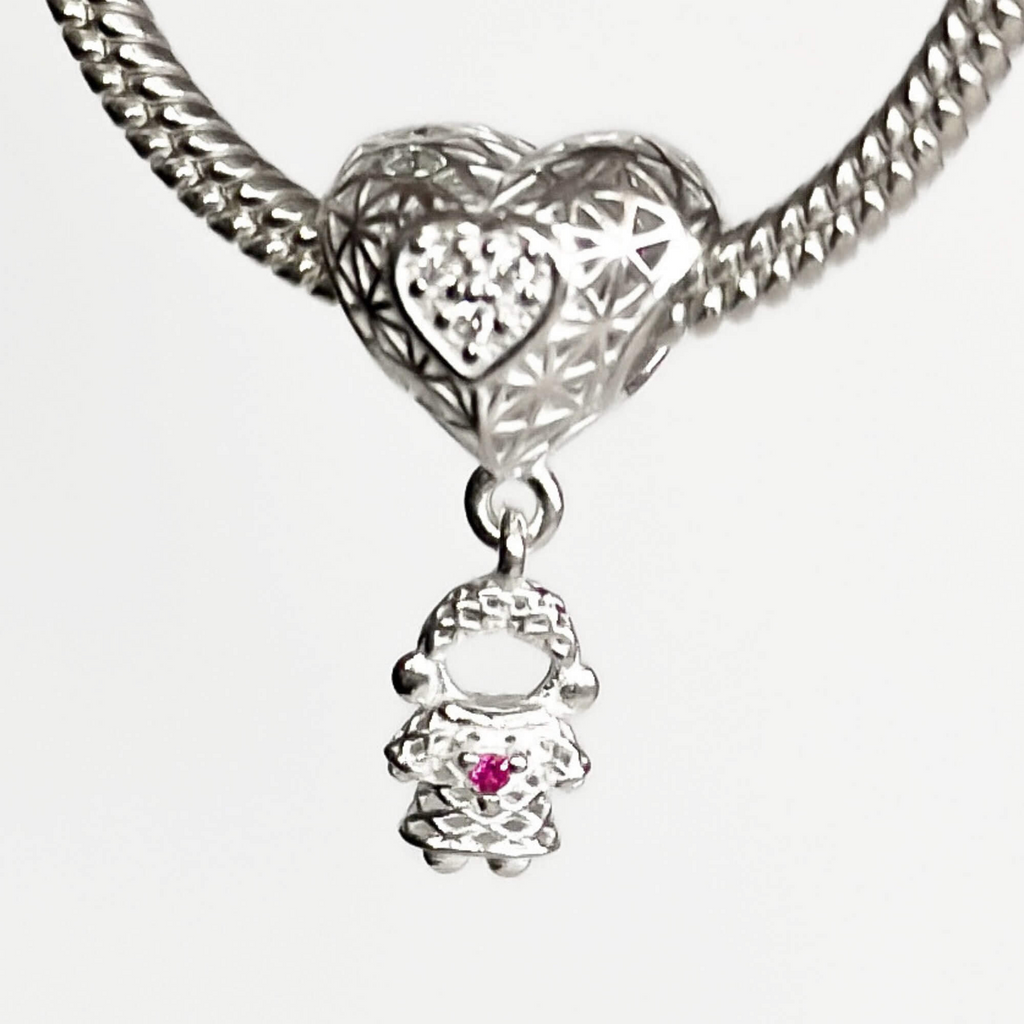 Berloque Separador Coração Menina Zircônia Rosa Pink Prata 925