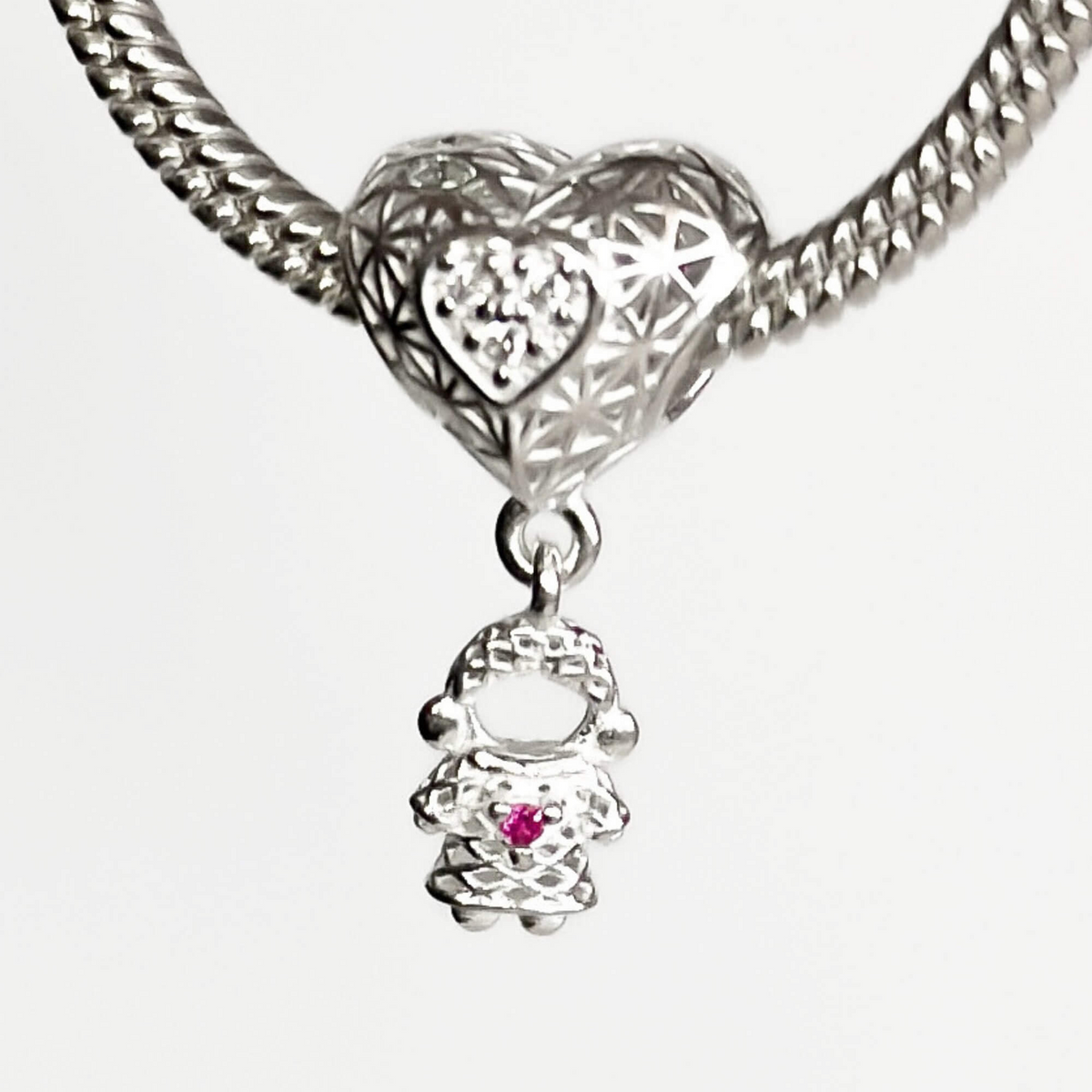 Berloque Separador Coração Menina Zircônia Rosa Pink Prata 925