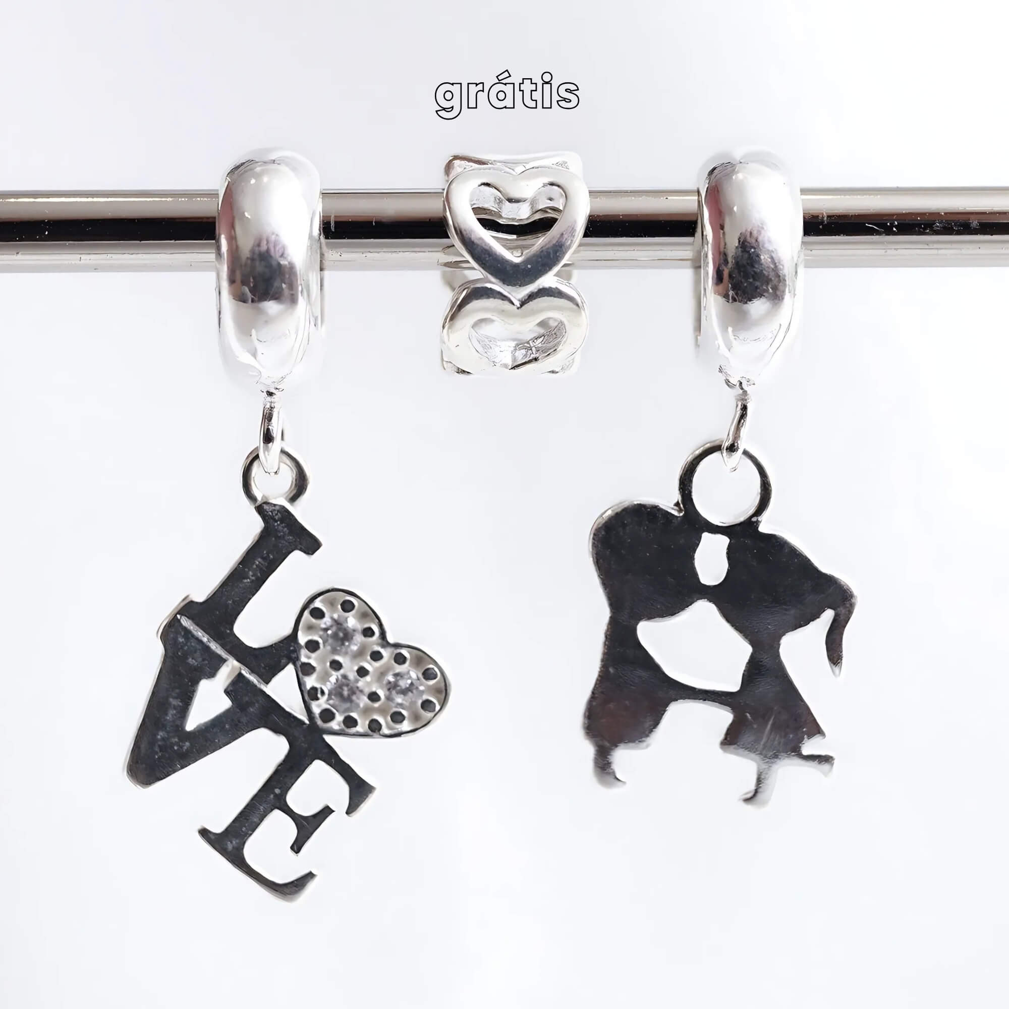 Leve 3 pague 2 - Kit de Berloques em Prata 925 com Casal, LOVE e Ganhe Mini Separador Corações