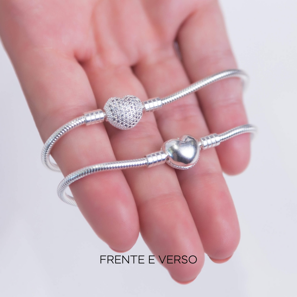 Kit Pulseira Coração Cravejado + Corrente de Segurança Prata 925