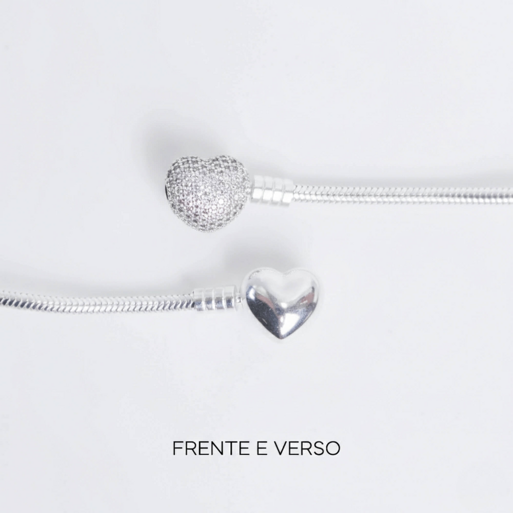 Kit Pulseira Coração Cravejado + Corrente de Segurança Prata 925