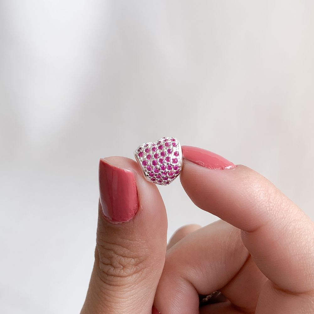 Berloque Separador Coração Zircônia Rosa Prata 925