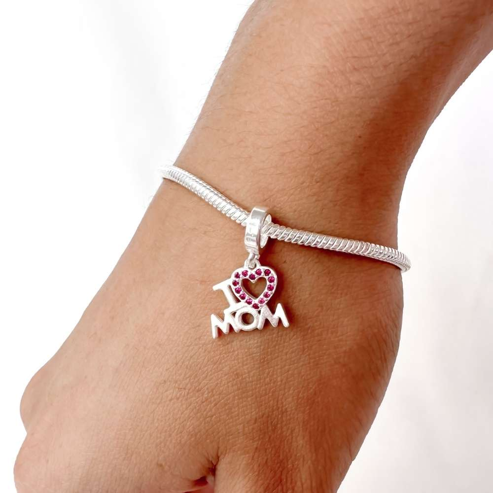 Berloque Coração Cravejado Pink I Love Mom Prata 925
