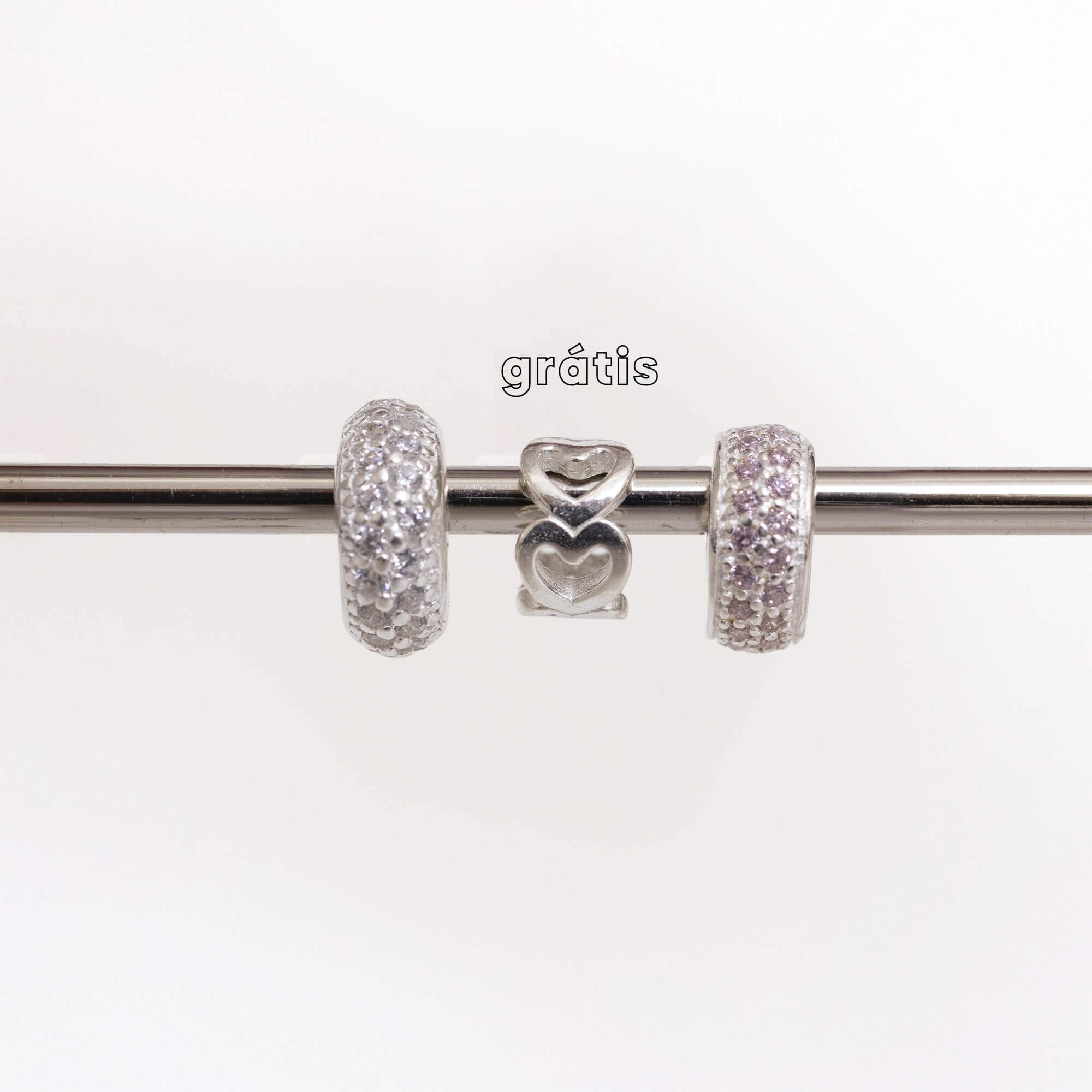 Leve 3 pague 2 - Kit de Berloques em Prata 925 Separador Zircônia Cristal e Rosa Bebê e Ganhe Mini Separador Corações