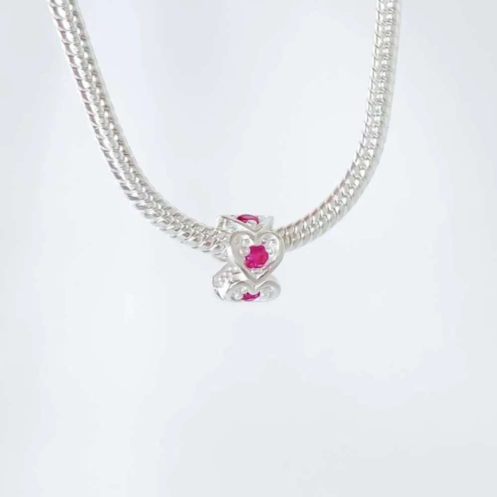 Berloque Mini Separador Corações com Zircônia Rosa Pink Prata 925