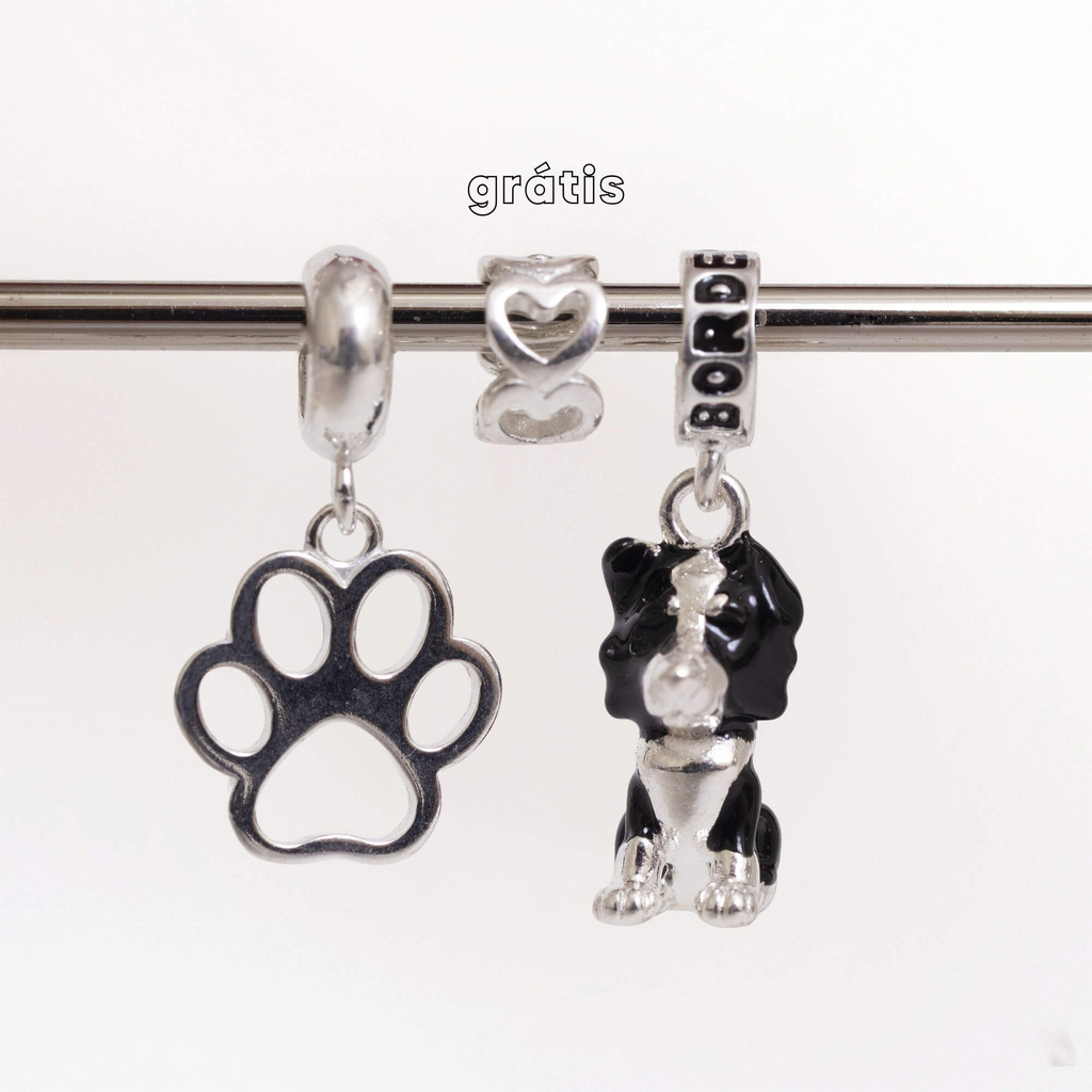 Leve 3 pague 2 - Kit de Berloques Prata 925 com Patinha Vazada, Cachorro Border Collie e Ganhe Mini Separador Corações