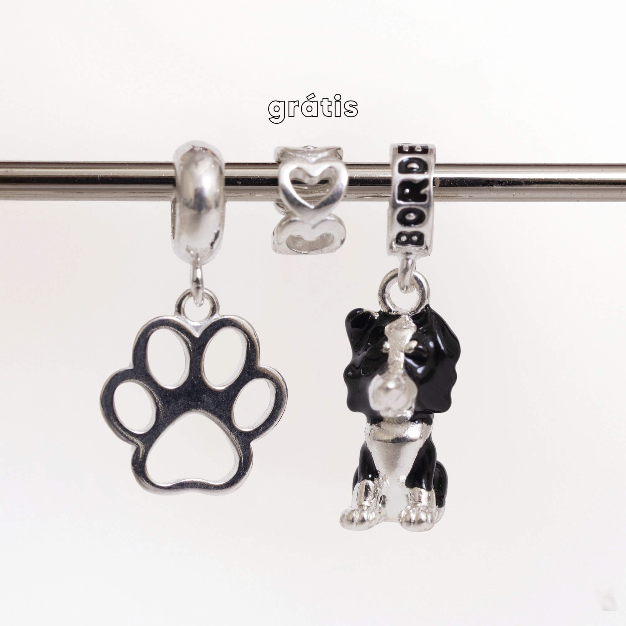 Leve 3 pague 2 - Kit de Berloques Prata 925 com Patinha Vazada, Cachorro Border Collie e Ganhe Mini Separador Corações