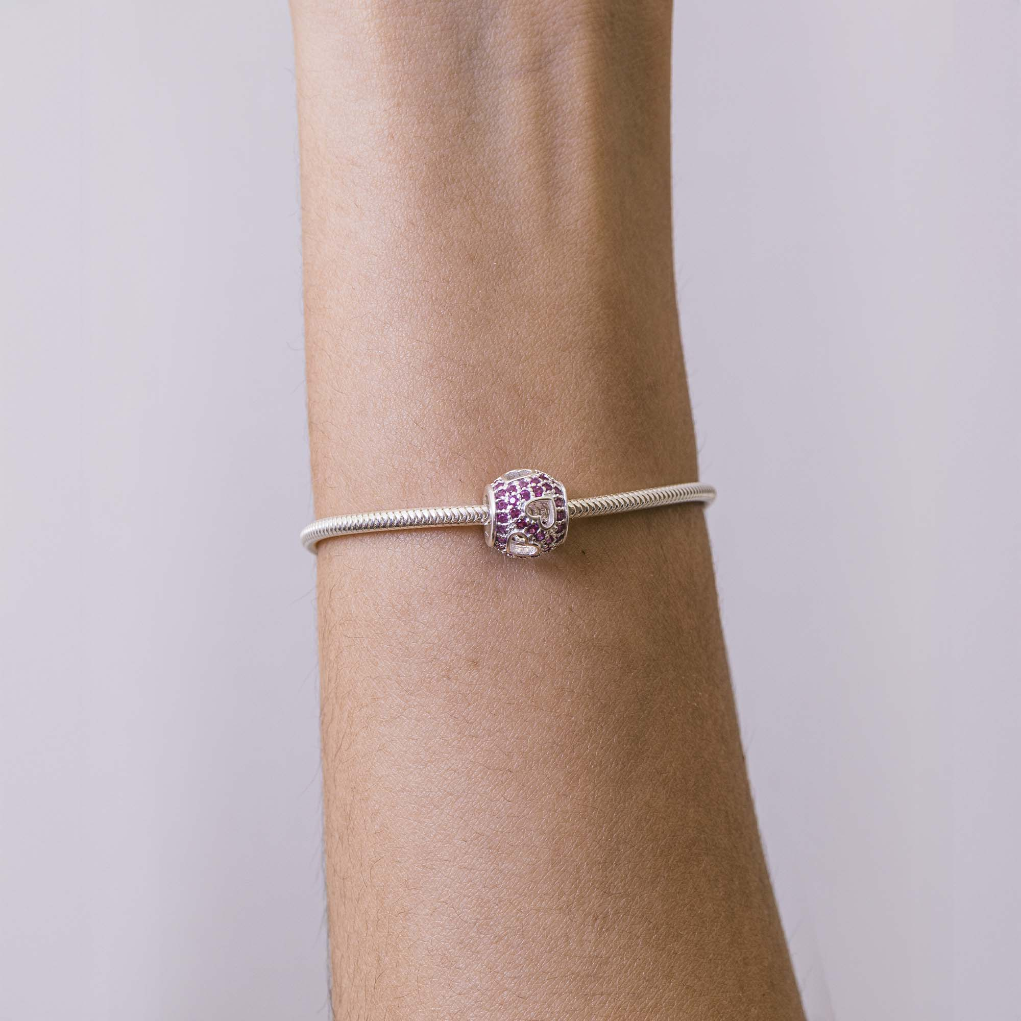 Berloque Separador Com Corações e Zircônia Rosa Prata 925
