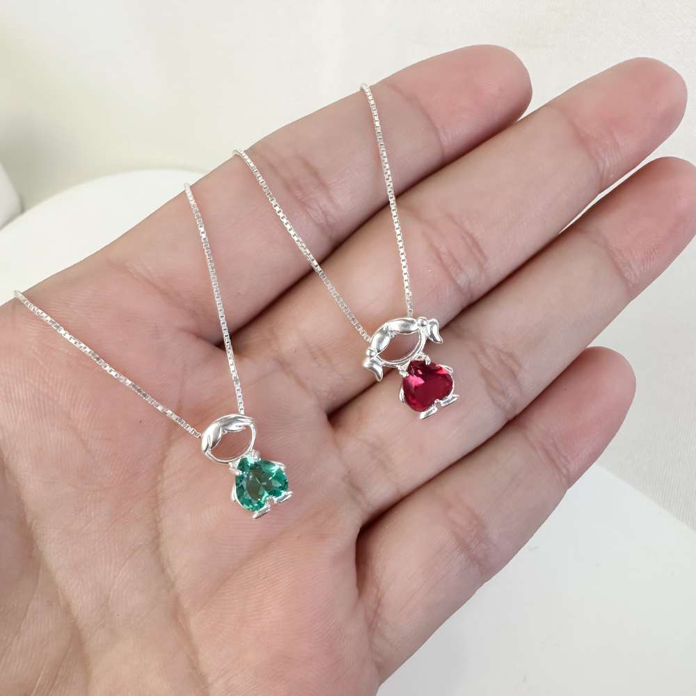 Colar Menino Com Zircônia Coração Turmalina Prata 925
