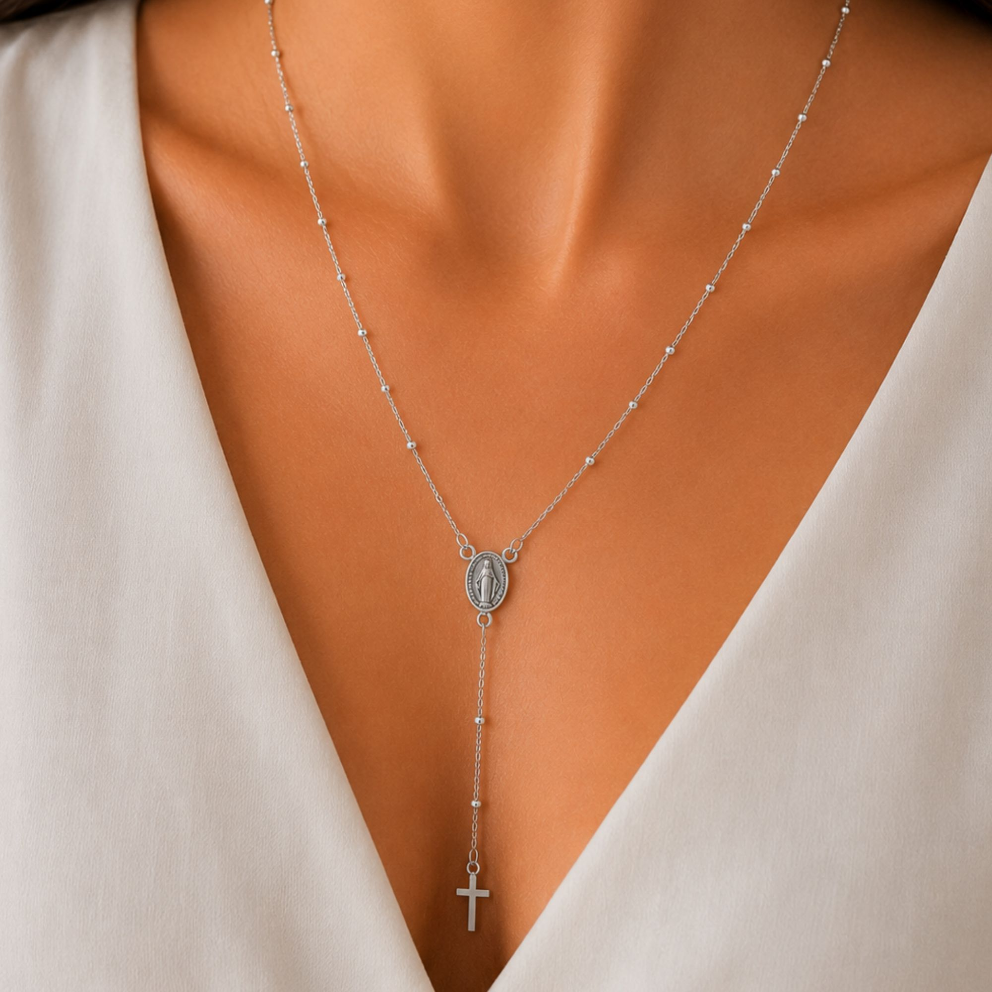 Colar Cartier Terço Nossa Senhora Das Graças 60 cm Prata 925