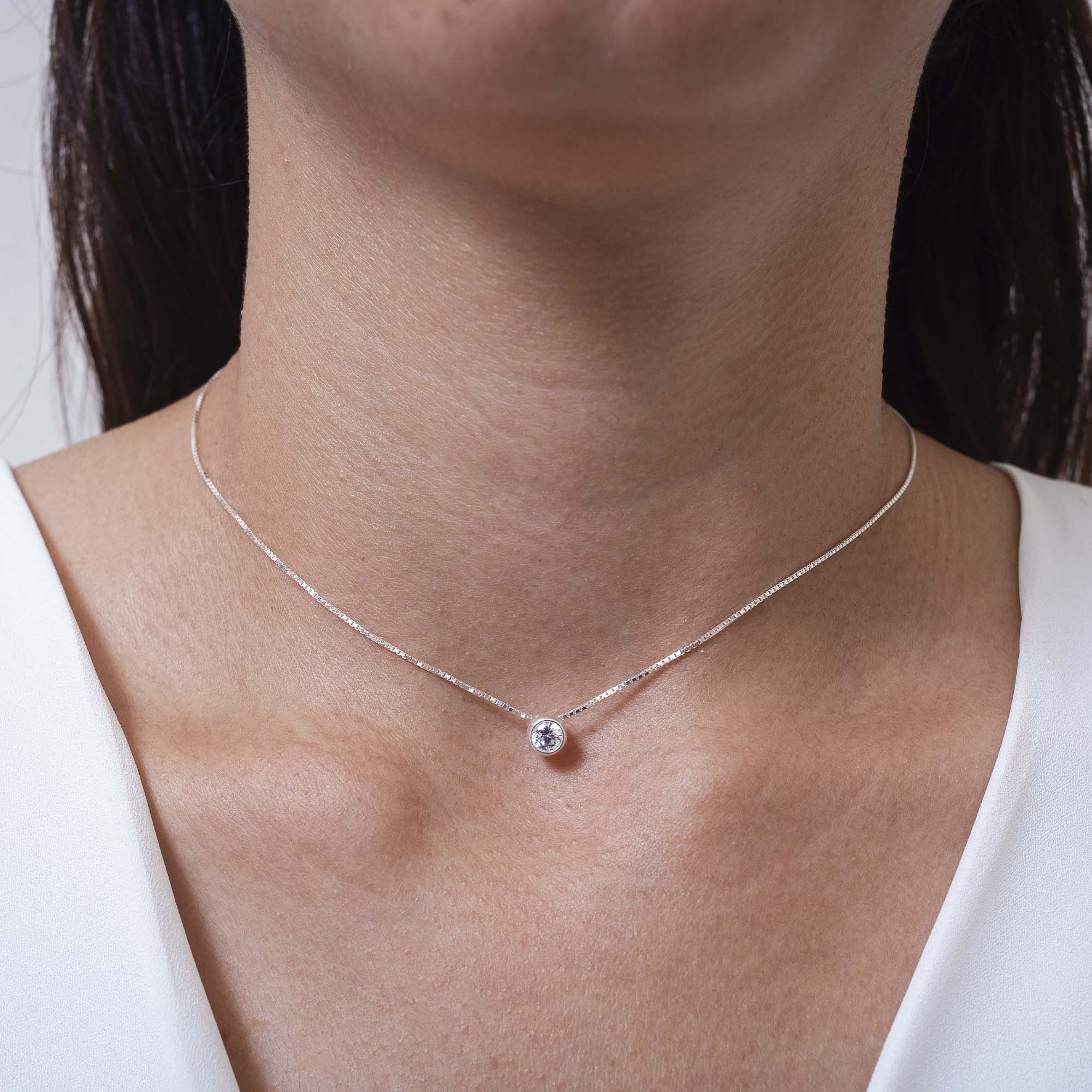Colar Ponto de Luz Zircônia Cristal 6mm 40 cm Prata 925
