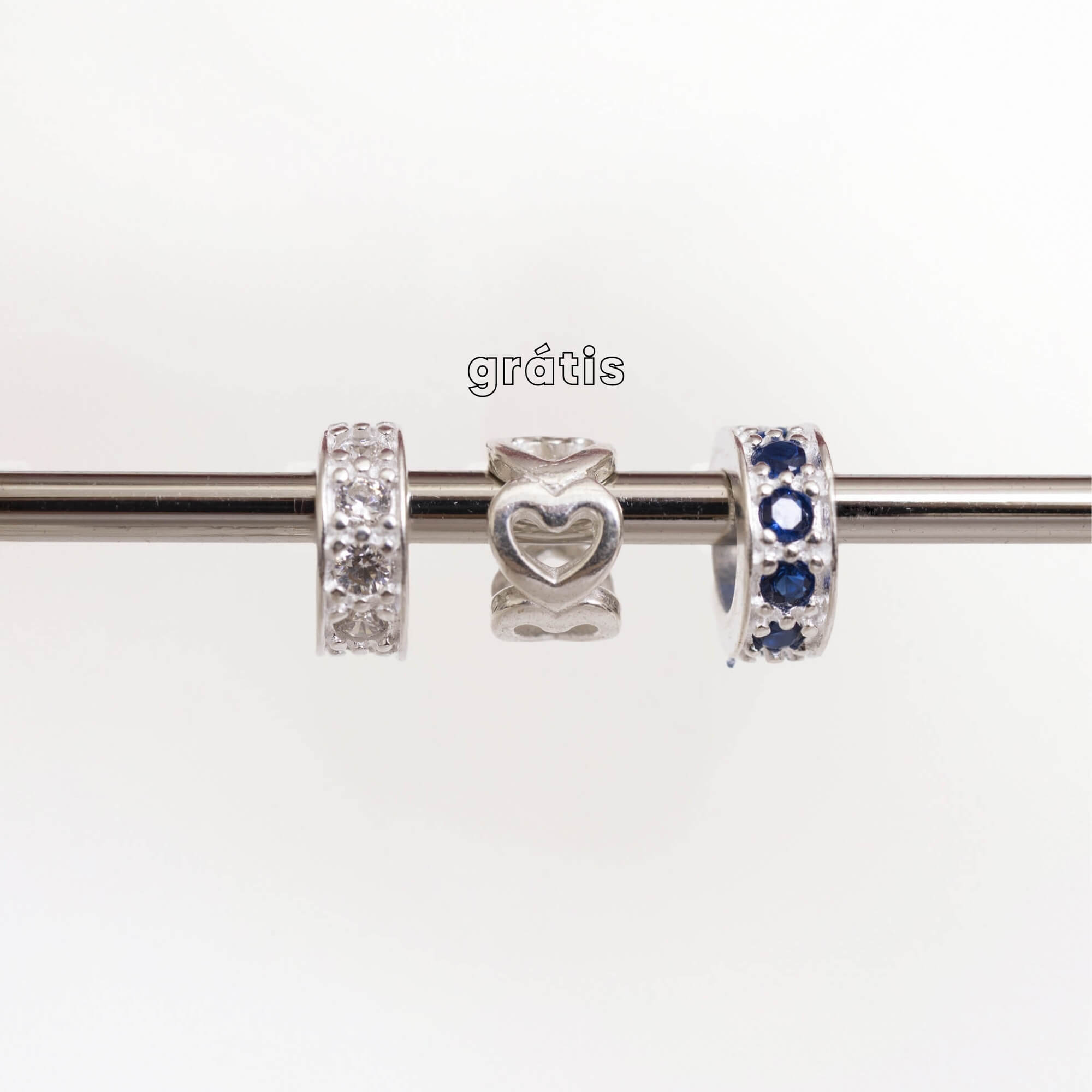 Leve 3 pague 2 - Kit de Berloques em Prata 925 com Mini Separador Zirconia Cristal e Azul e Ganhe Mini Separador Coraçõe