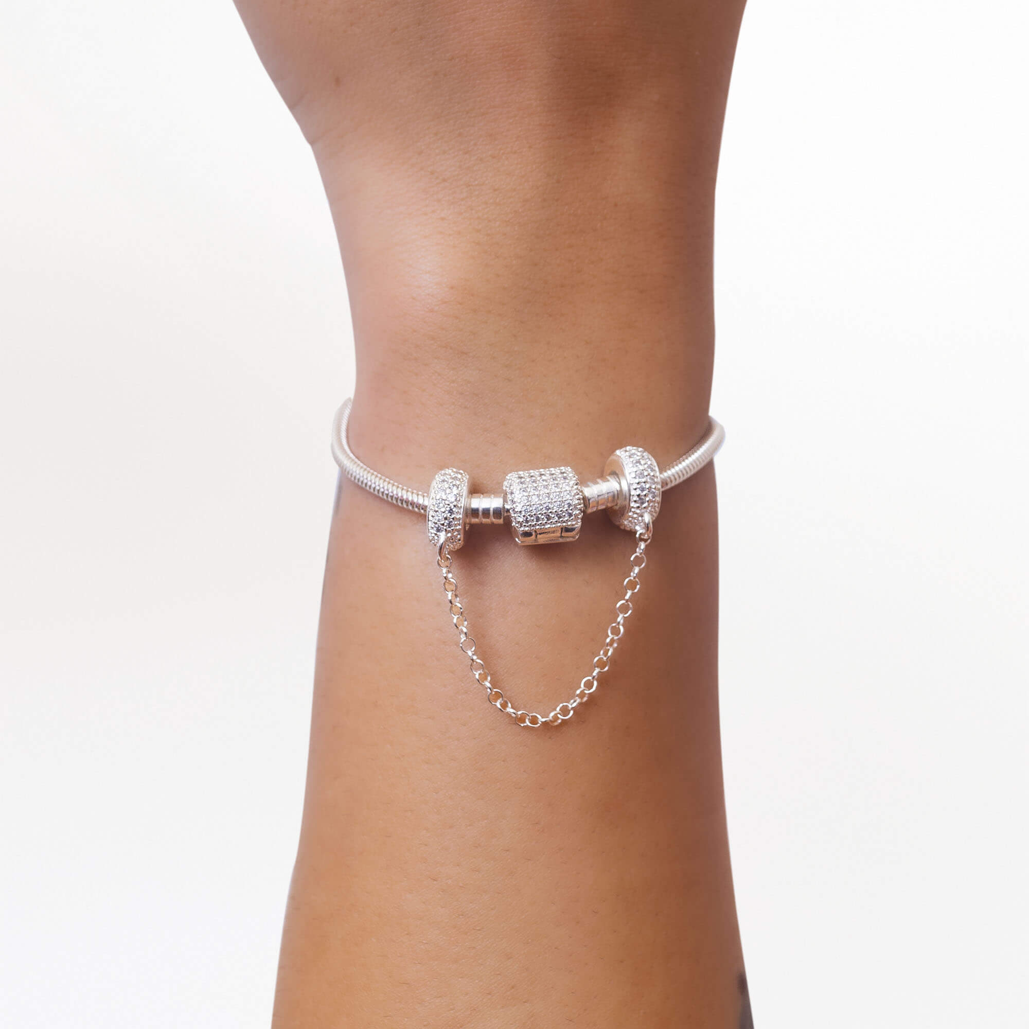 Kit Pulseira Tradicional Cravejada + Corrente de Segurança Cravejada Zircônia Cristal Prata 925